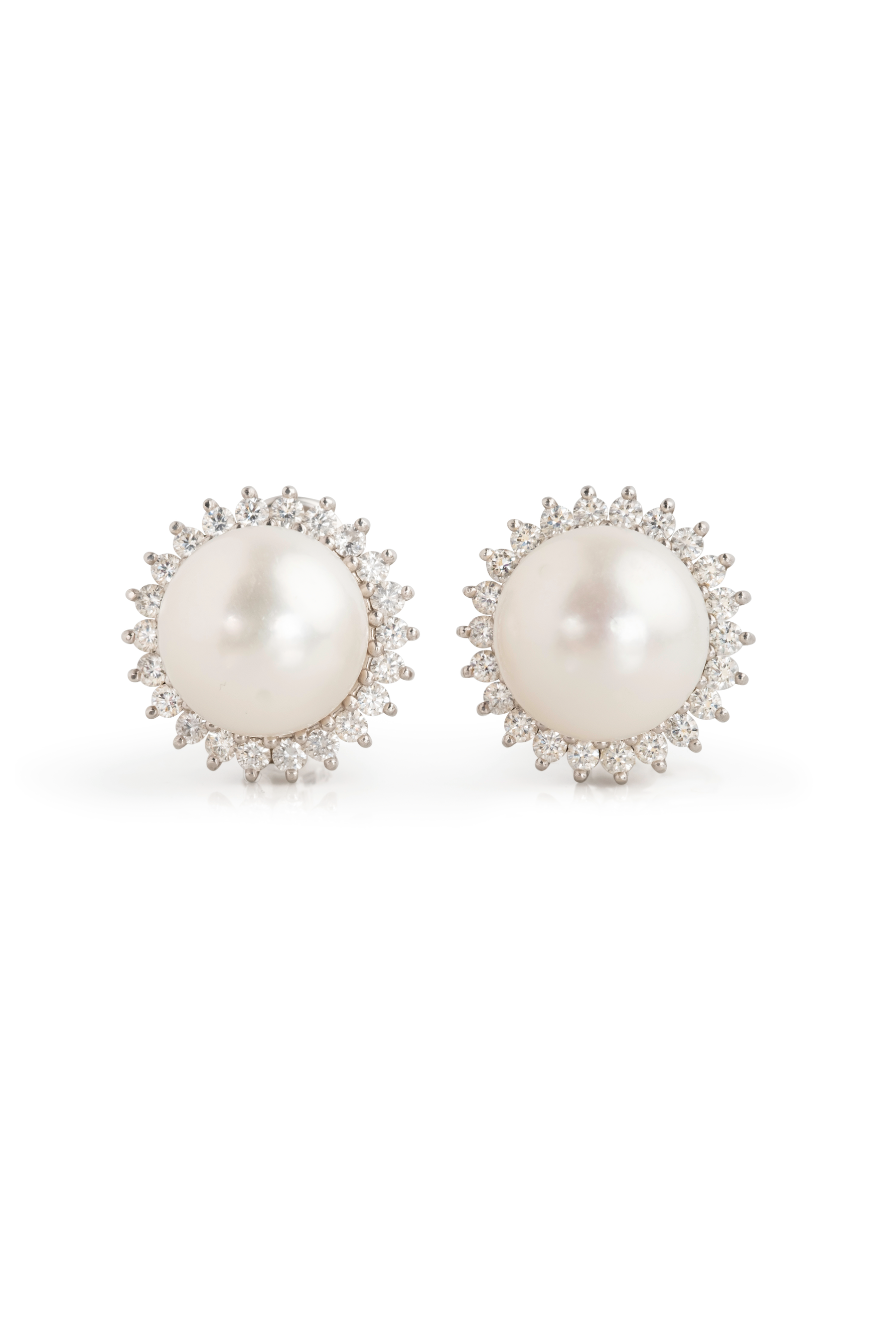 Selene Pearl Earrings- 18k White Gold Pearl and Diamond Halo Stud Earrings